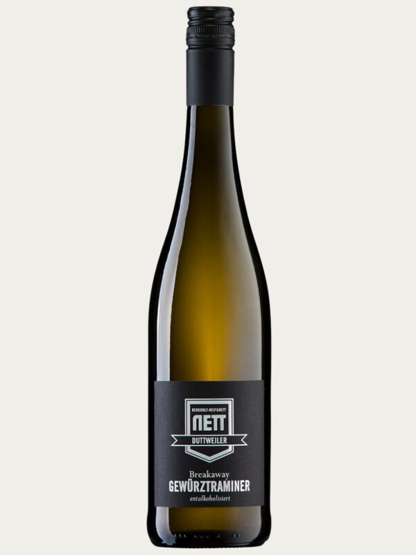 Bezalkoholowe wino białe Bergdolt-Reif & Nett Breakaway Gewürztraminer w smukłej oliwkowej butelce z elegancką czarną etykietą