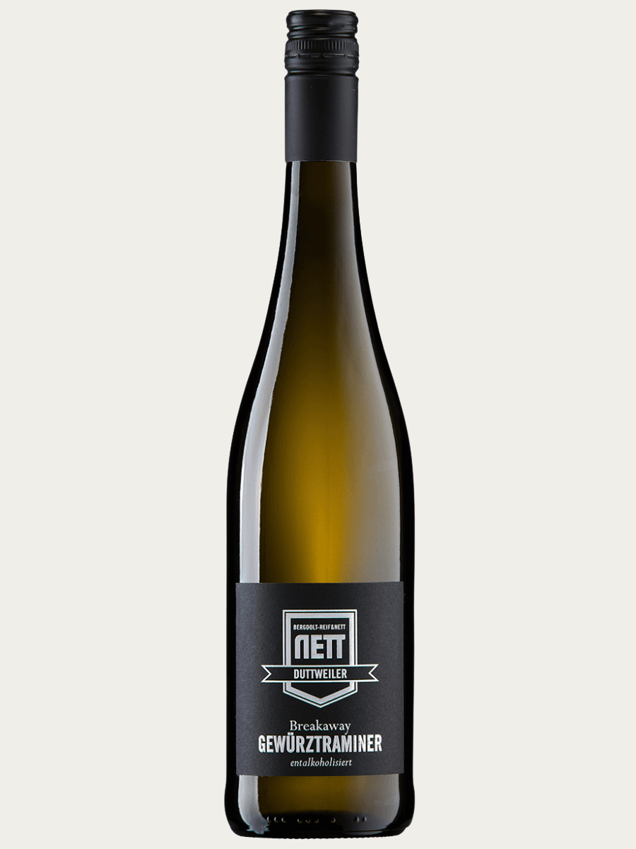 Bezalkoholowe wino białe Bergdolt-Reif & Nett Breakaway Gewürztraminer w smukłej oliwkowej butelce z elegancką czarną etykietą