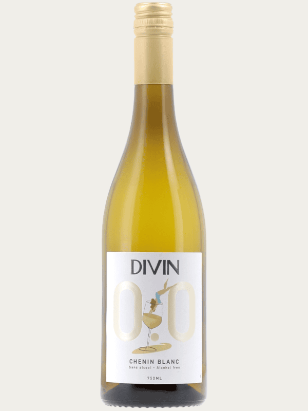 Bezalkoholowe białe wino Divin Chenin Blanc w szklanej butelce z elegancką złoto-białą etykietą.