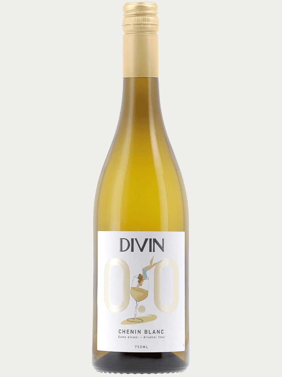 Bezalkoholowe białe wino Divin Chenin Blanc w szklanej butelce z elegancką złoto-białą etykietą.