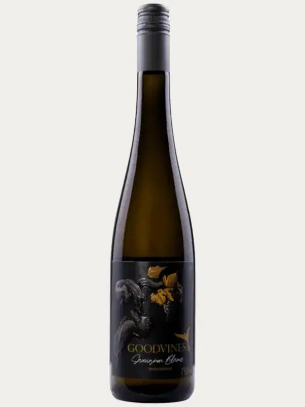 Butelka bezalkoholowego wina białego Goodvines Sauvignon Blanc z elegancką czarną etykietą.