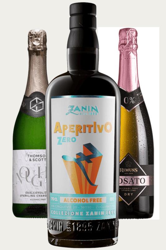 Zestaw do bezalkoholowego drinka Italian Spritz Zero zawierający aperitif Zanin Aperitivo Zero oraz dwa bezalkoholowe wina musujące.