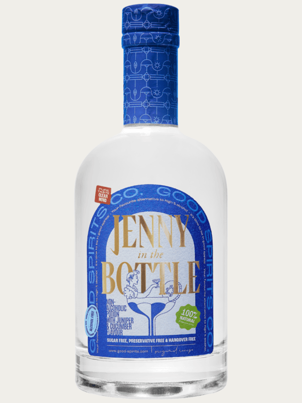 Bezalkoholowy napój botaniczny Jenny in the Bottle o smaku jałowca i ogórka w przezroczystej szklanej butelce.