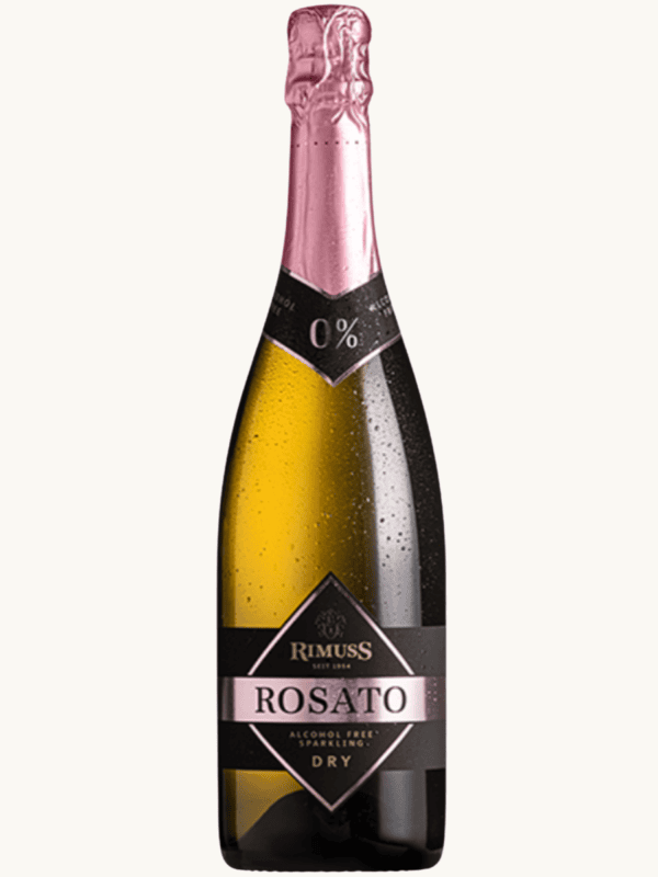 Bezalkoholowe wino musujące Rimuss Rosato Dry w ciemnej butelce z różowym wykończeniem na czarnym tle