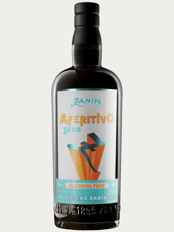 Włoski bezalkoholowy aperitif Zanin Aperitivo Zero w eleganckiej butelce z ciemnego szkła z nowoczesną etykietą.
