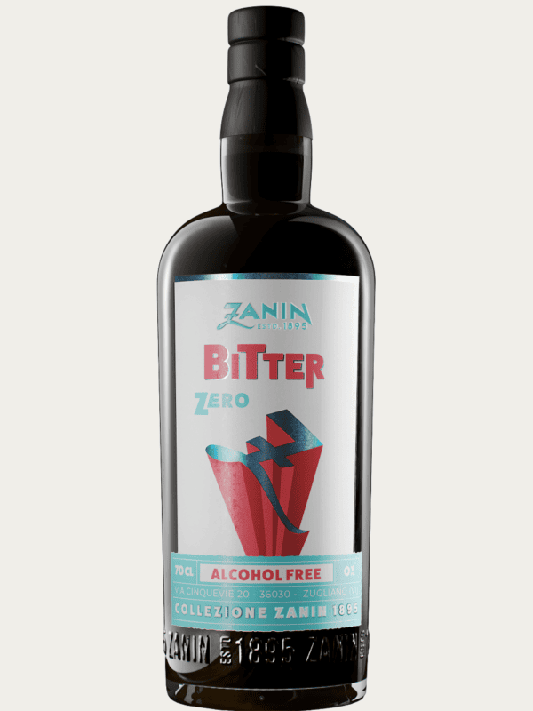 Bezalkoholowy aperitif Zanin Bitter Zero w eleganckiej butelce z ciemnego szkła z wyrazistą czerwono-białą etykietą.