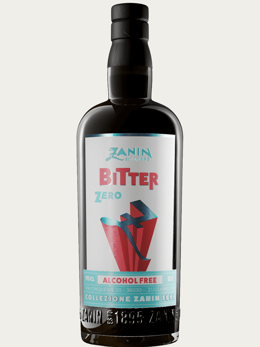 Bezalkoholowy aperitif Zanin Bitter Zero w eleganckiej butelce z ciemnego szkła z wyrazistą czerwono-białą etykietą.