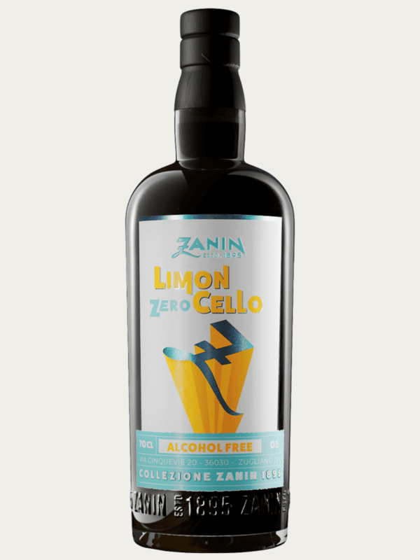Bezalkoholowe limoncello Zanin Limon Zero Cello w eleganckiej butelce z ciemnego szkła z wyrazistą biało-żółtą etykietą