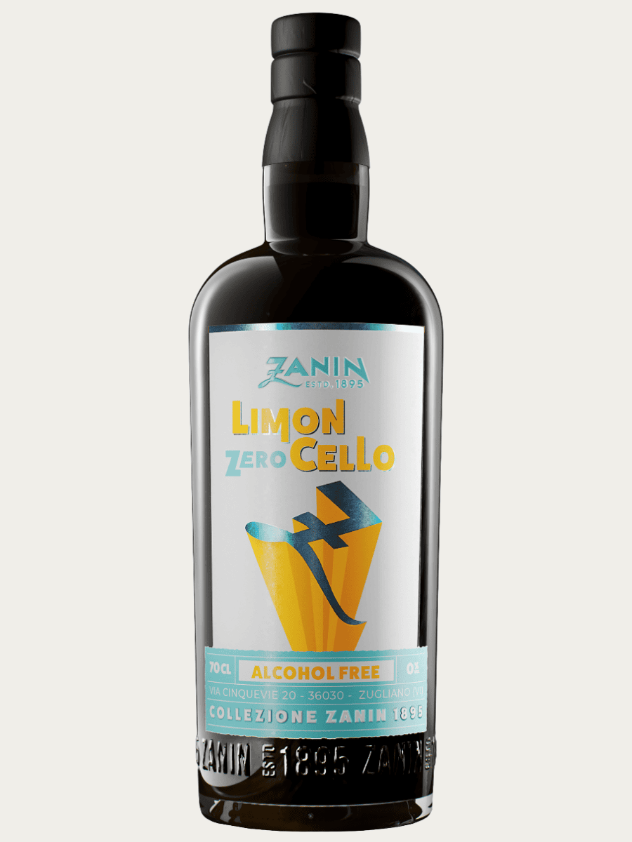 Bezalkoholowe limoncello Zanin Limon Zero Cello w eleganckiej butelce z ciemnego szkła z wyrazistą biało-żółtą etykietą