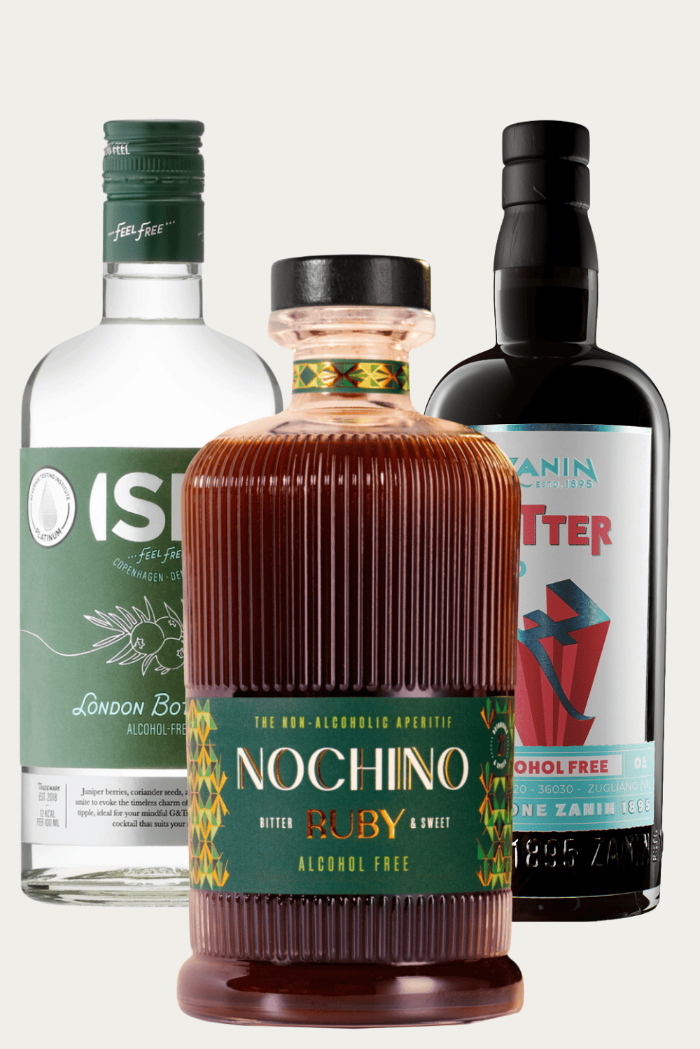 Zestaw do bezalkoholowego koktajlu Negroni Zero z butelkami ISH London Botanical Spirit, Nochino Ruby oraz Zanin Bitter.